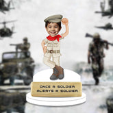 Soldier Caricature Tribute - Veterans showpiece featuring a smiling child in army uniform with 'Once a Soldier Always a Soldier' plaque. Ideal for patriotic home decor.